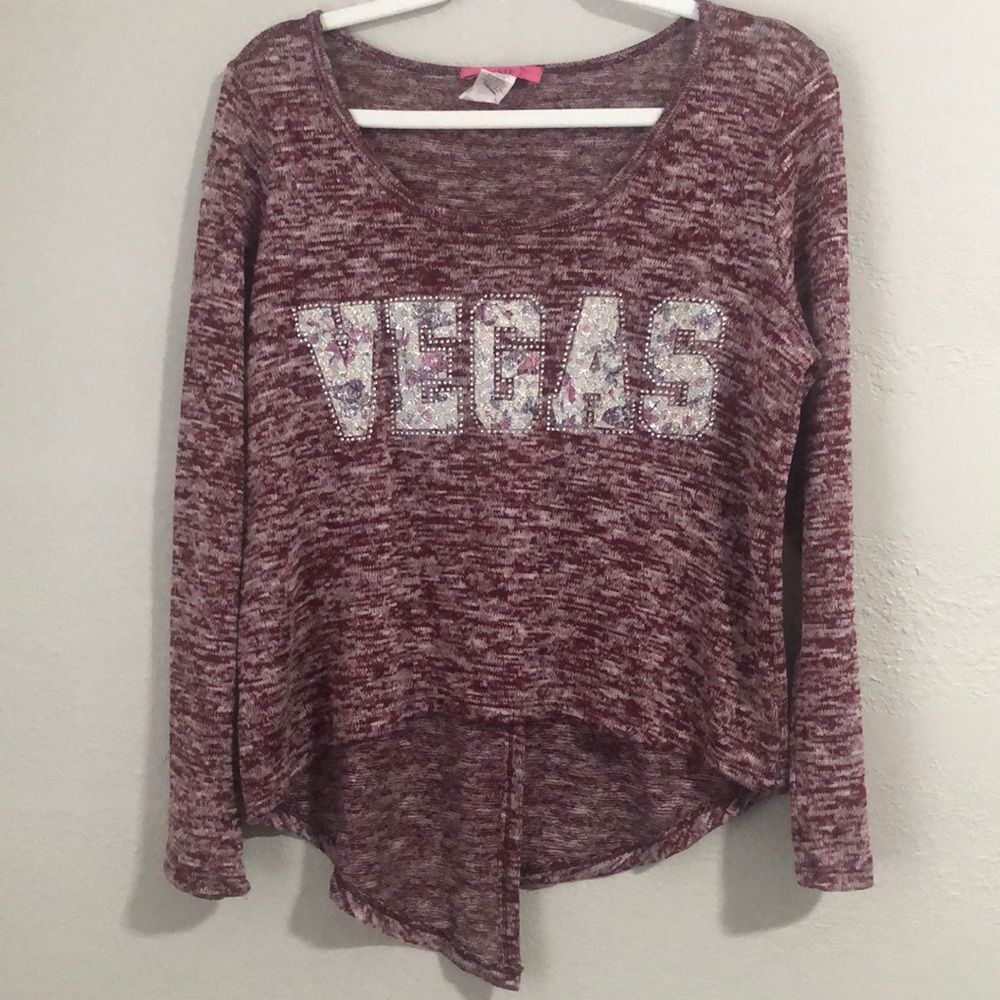 YMF USA Size XL Long Sleeve Cropped Shirt Open Slit Back Bling Vegas Graphic